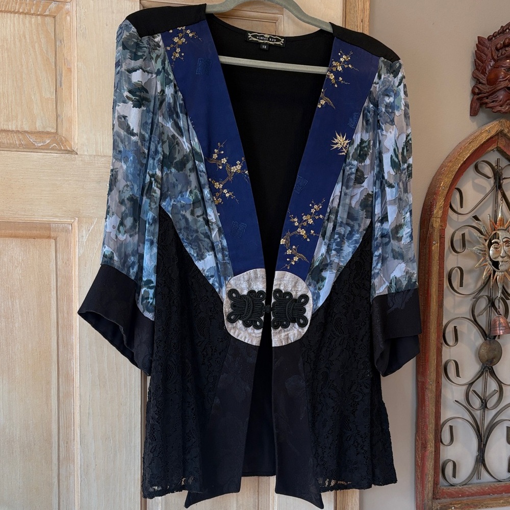 Violet Kay Black Lace & Satin Textured Cardigan 1X